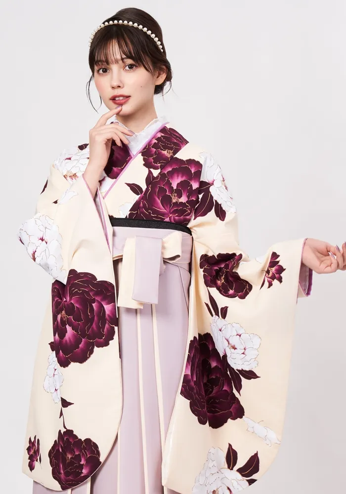 【着物】クリーム紅牡丹華　