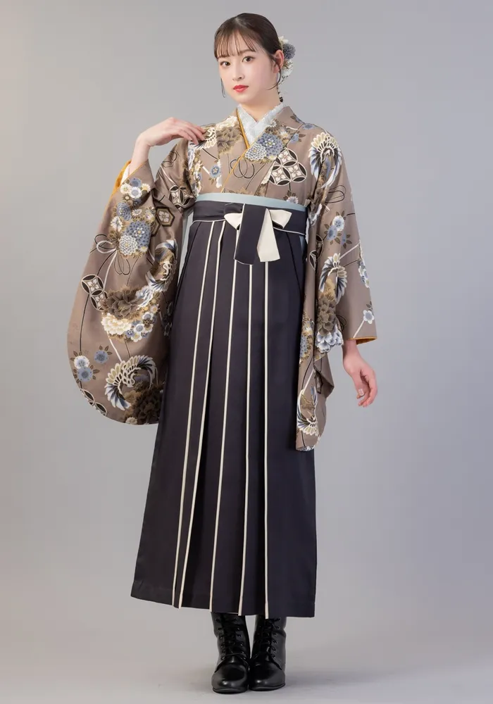 【着物】チャコール和花ブーケ+【袴】ｸﾛｸﾘｰﾑﾗｲﾝ