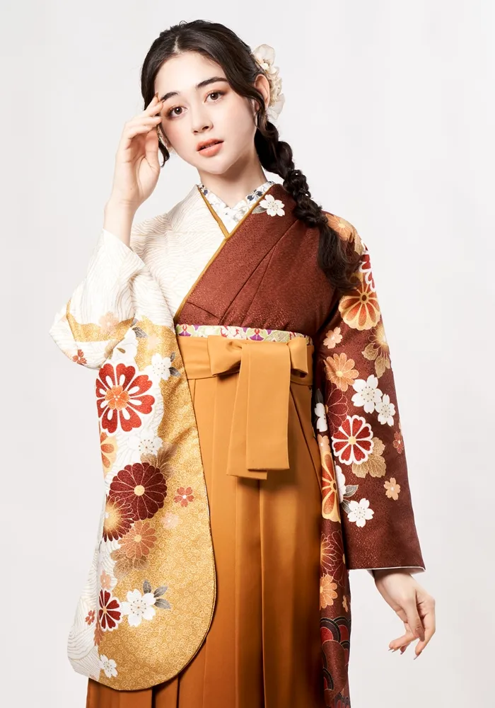 卒業式袴宅配ネットレンタル【着物単品】マロン×ホワイトメランジュ