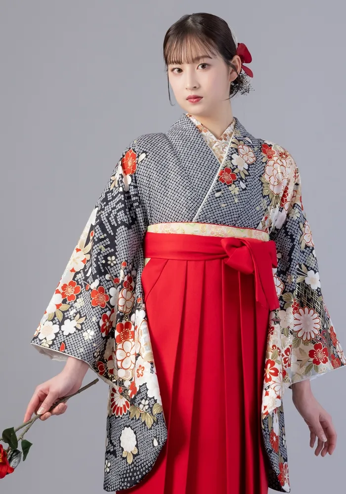卒業式袴宅配ネットレンタル【着物単品】黒絞り花づくし