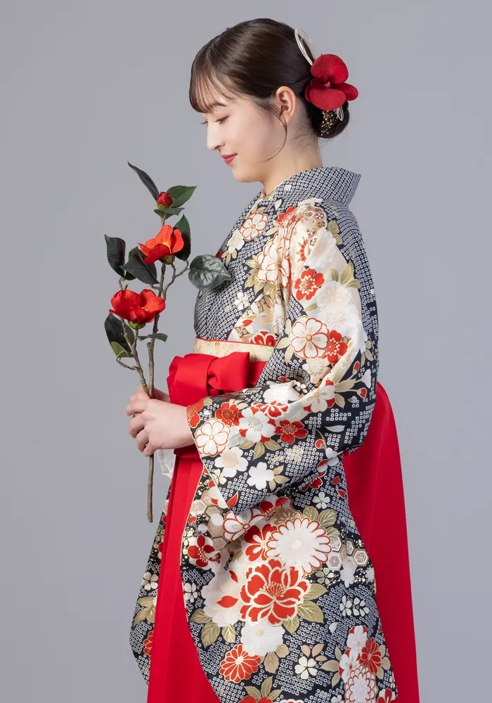 卒業式袴宅配ネットレンタル【着物単品】黒絞り花づくし