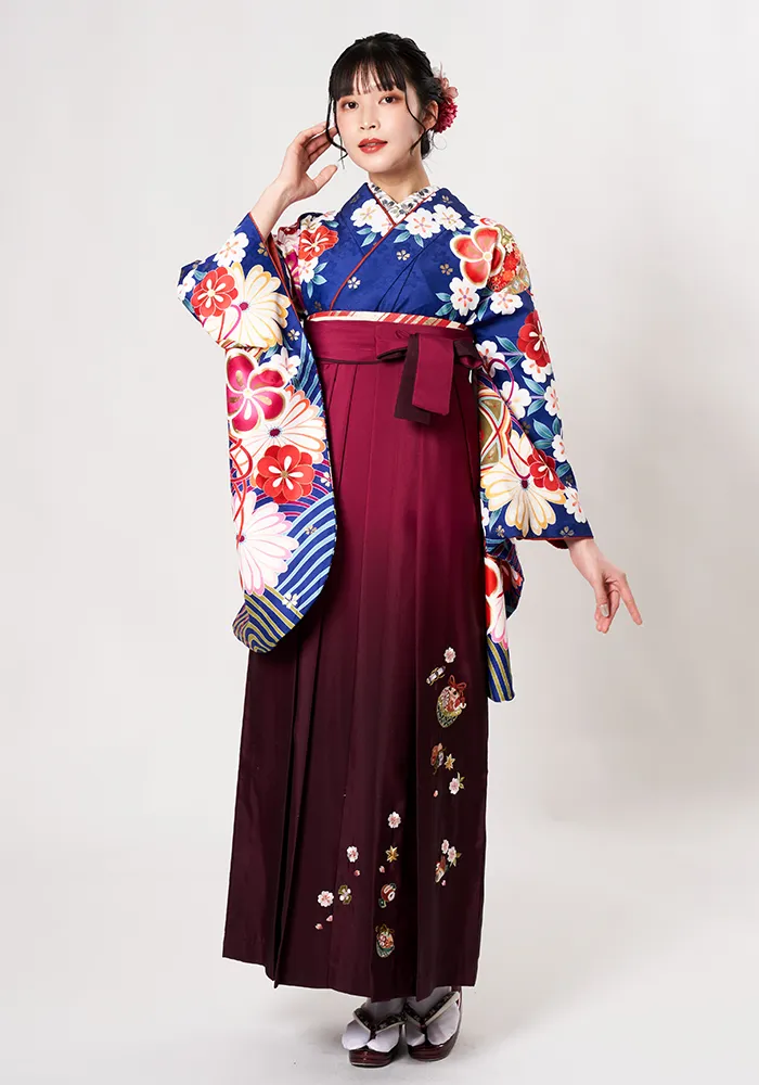 着物】青海波に金梅+【袴】ﾜｲﾝﾎﾞｶｼ鈴におしどり｜宅配ネットレンタル