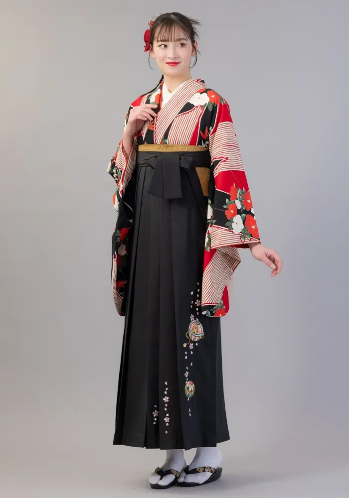 2個セット　赤　黒　Mサイズ　椿　花柄　着物　袴 着物】赤黒短冊牡丹椿+【袴】ｸﾛ手まりｼｼｭｳ│宅配ネットレンタル京都さ