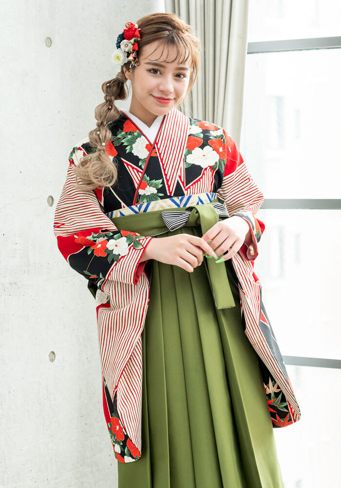 【卒業式袴レンタル/準新作/通販レンタル】古典大人かわいい高級感(オシャレ)　黒/赤/緑　BBB480_MAS017