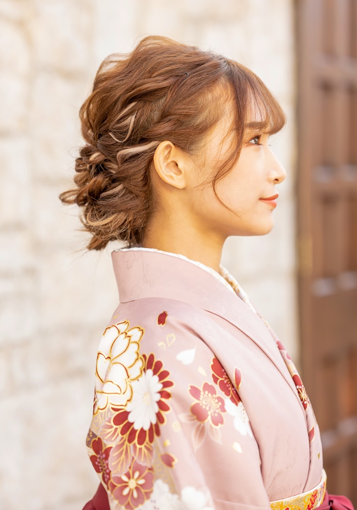♡♡♡専用　縞に疋田花雪輪　Mサイズ 着物】小豆色に疋田花+【袴】ｴﾝｼﾞ│宅配ネットレンタル京都さがの館