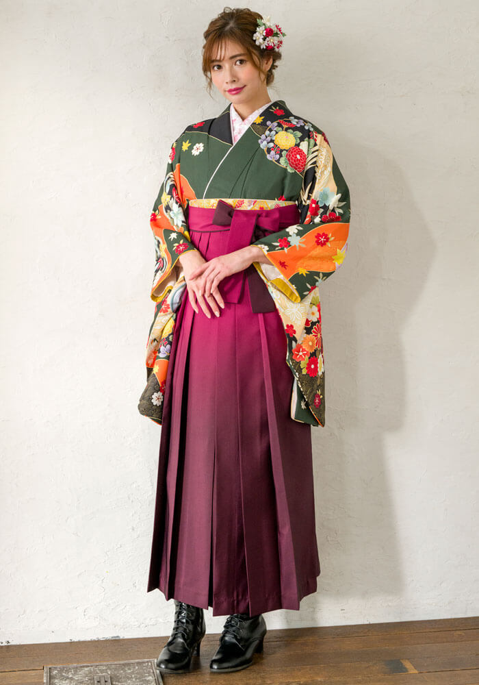 京都さがの館卒業式袴宅配ネットレンタル【着物】フカミドリ友禅四季花＋【袴】ワインボカシ