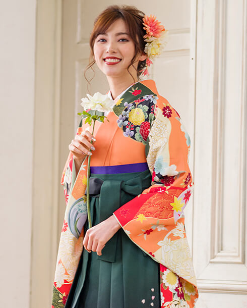 着物】オレンジ友禅四季花│宅配ネットレンタルさがの館